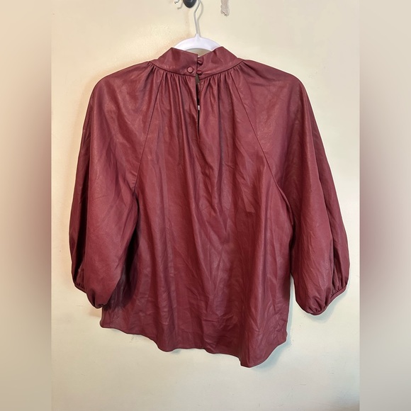 Rebecca Taylor 3/4 Sleeve Mock Neck Vegan Faux Leather Blouse Size 12 Burgundy - Picture 4 of 4